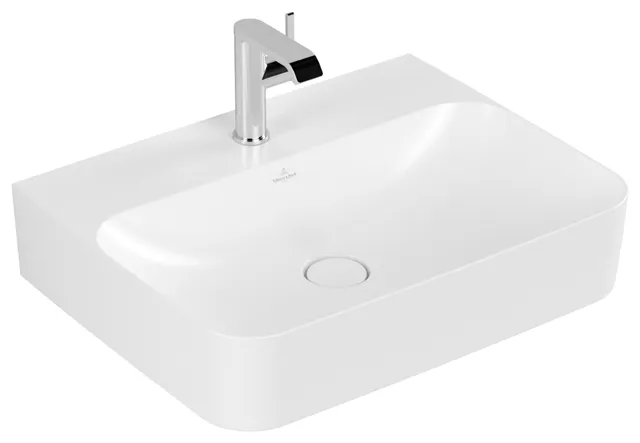 Villeroy & Boch Wandwaschtisch aus TitanCeram „Finion“ 600 × 470 × 164 mm, mit Hahnlochbohrung, Hahnlochposition mittig in Stone White, mit CeramicPlus