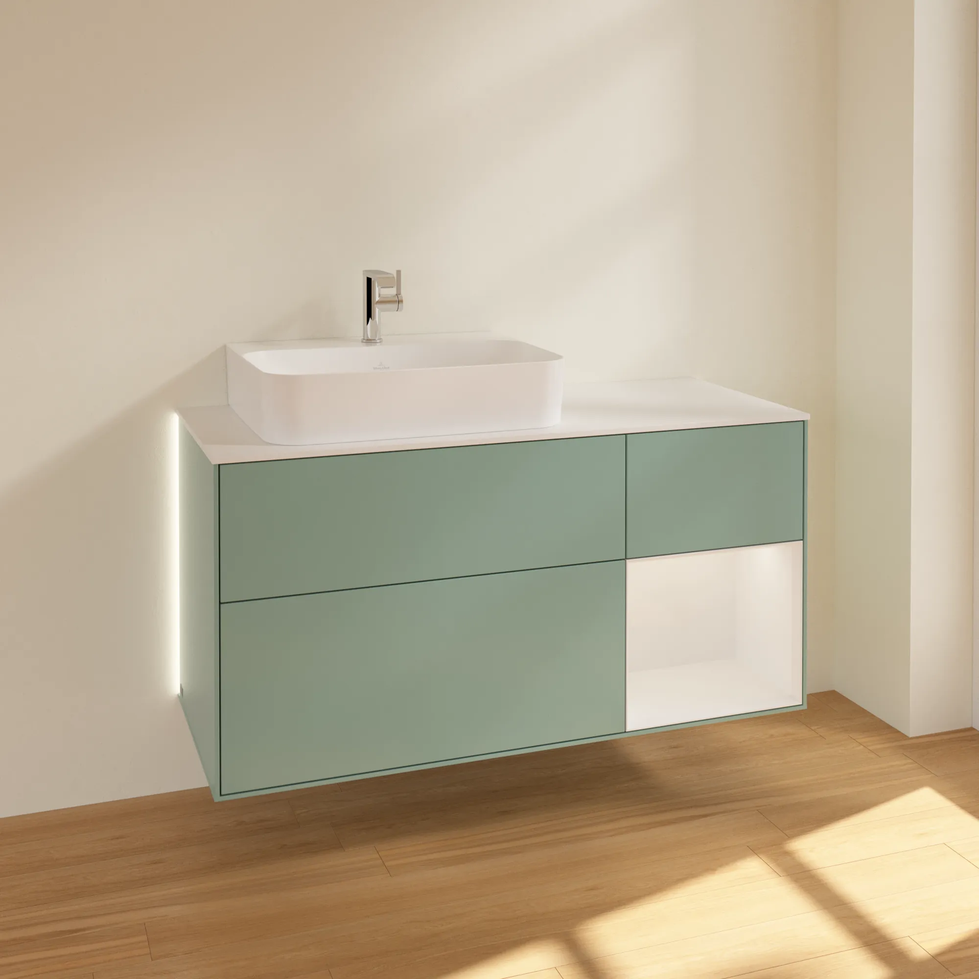 Villeroy & Boch Waschtischunterschrank „Finion“ für Schrankwaschtisch 1200 × 603 × 501 mm Olive Matt Lacquer, für Becken links Villeroy & Boch Waschtischunterschrank „Finion“ für Schrankwaschtisch 1200 × 603 × 501 mm Olive Matt Lacquer, für Becken links