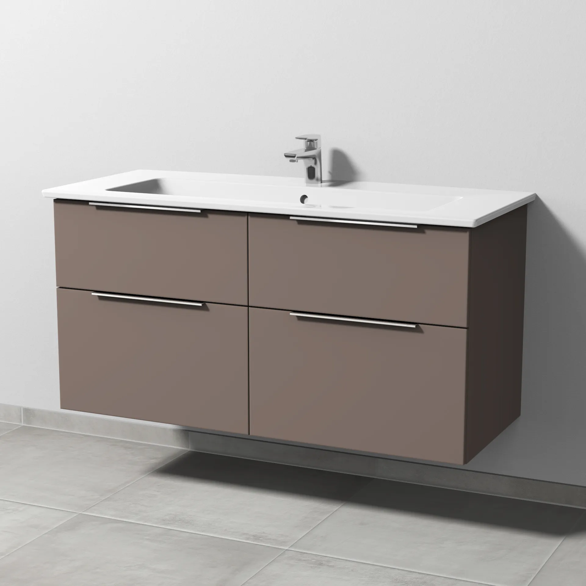 Keramik-Waschtisch-Set mit Waschtischunterschrank „3way“ 115,5 × 47,7 × 59,1 cm in Taupe (matt), mit Hahnlochbohrung, Becken mittig Keramik-Waschtisch-Set mit Waschtischunterschrank „3way“ 115,5 × 47,7 × 59,1 cm in Taupe (matt), mit Hahnlochbohrung, Becken mittig