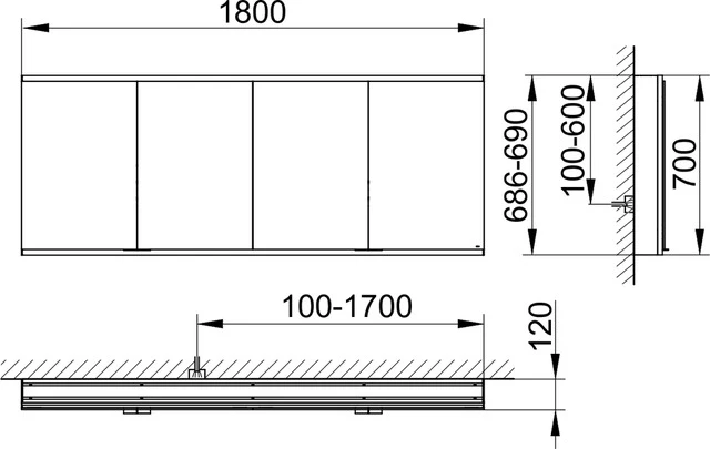 KEUCO Wandvorbau Spiegelschrank 4-türig „Royal Modular 2.0“ in Silber (eloxiert), Aufputz, mit Beleuchtung 1800 × 700 × 120 mm