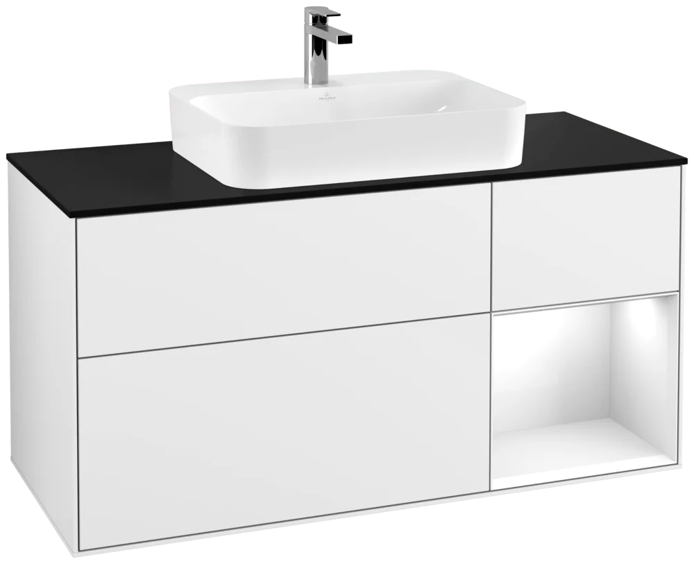 Villeroy & Boch Finion Waschbeckenunterschrank F42 1200x603x501mm Glossy White Lacquer / Glass Black Matt