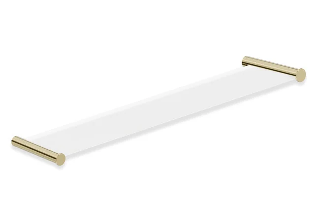 Ablage des Systems 162, Edelstahl, PVD, bestehend aus seitlichen Halteelementen und Ablagefläche aus Glas, 600 mm breit, 122 mm tief, in Farbe CK (Messing glänzend)