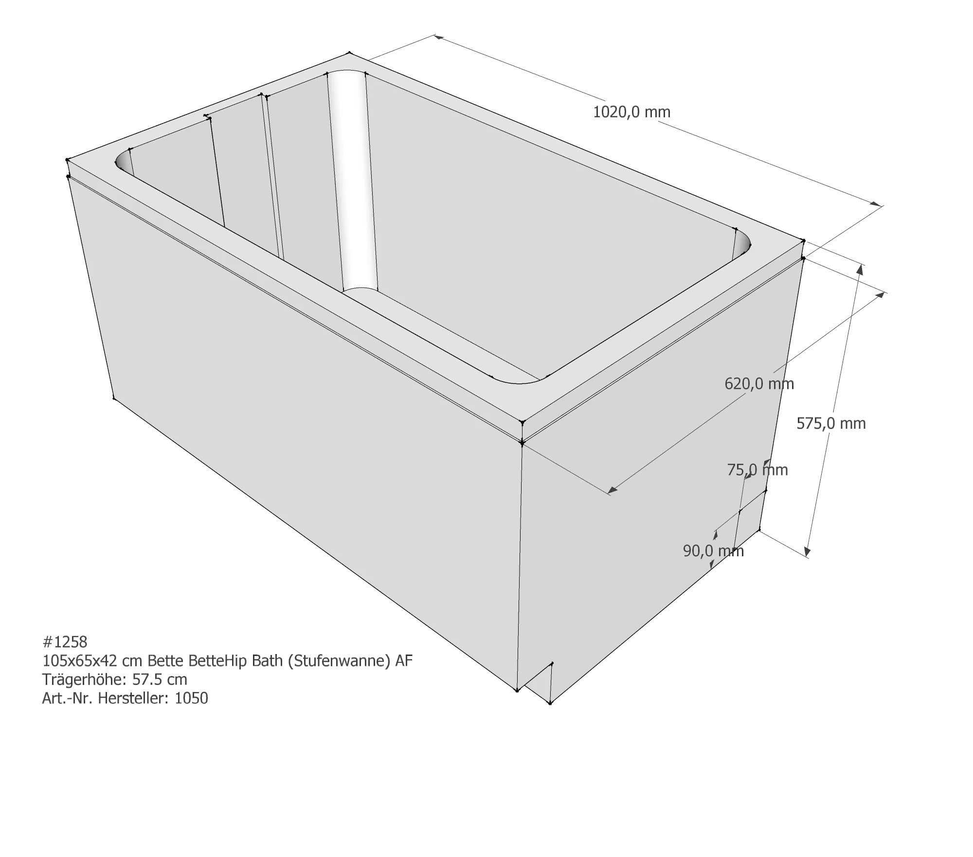 Badewannenträger für Bette Step (Stufenwanne) 105 × 65 × 42 cm Breite: 65 cm / Länge: 105 cm