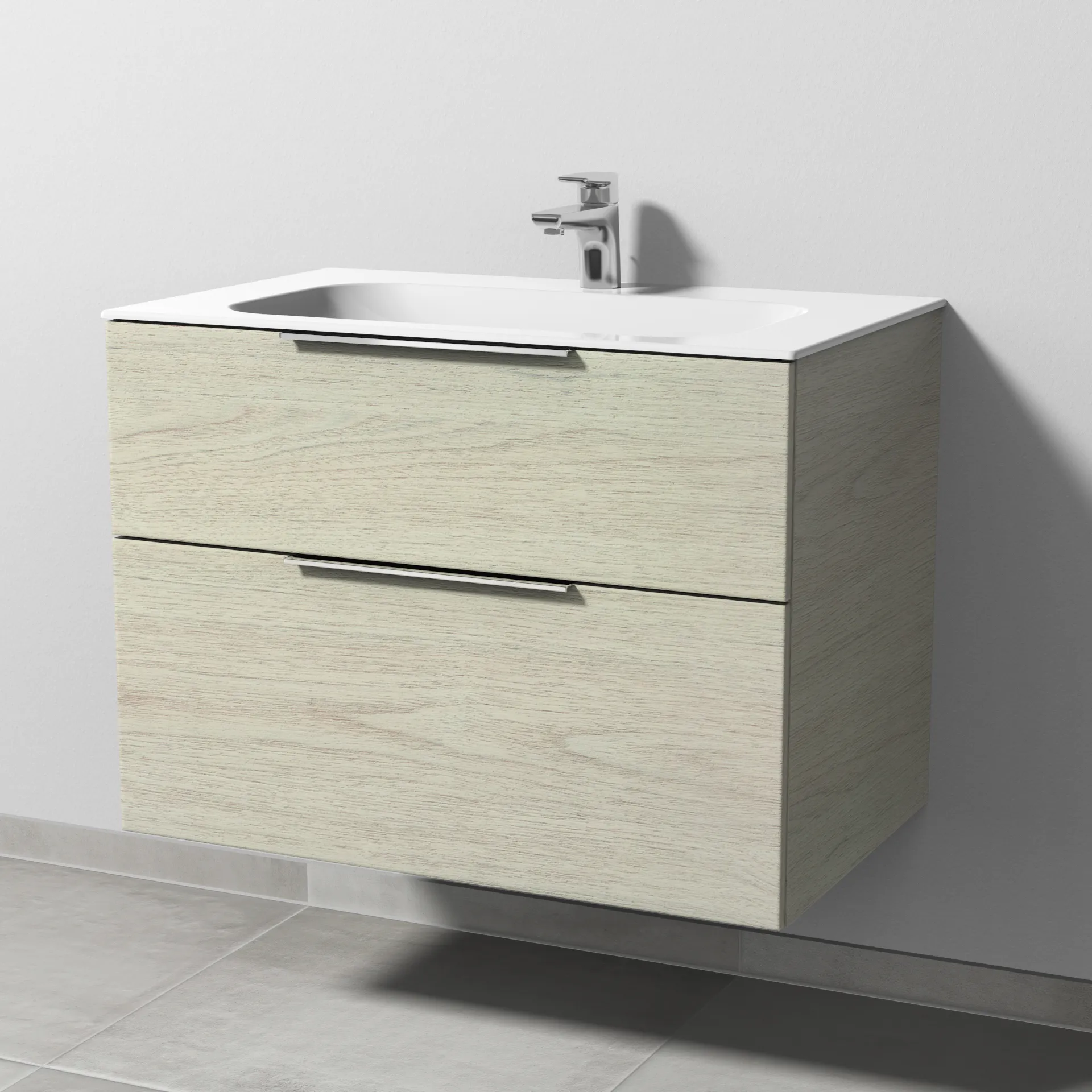 Keramik-Waschtisch-Set mit Waschtischunterschrank „3way“ 79 × 49,7 × 58,2 cm in White Oak, mit Hahnlochbohrung, Becken mittig Keramik-Waschtisch-Set mit Waschtischunterschrank „3way“ 79 × 49,7 × 58,2 cm in White Oak, mit Hahnlochbohrung, Becken mittig
