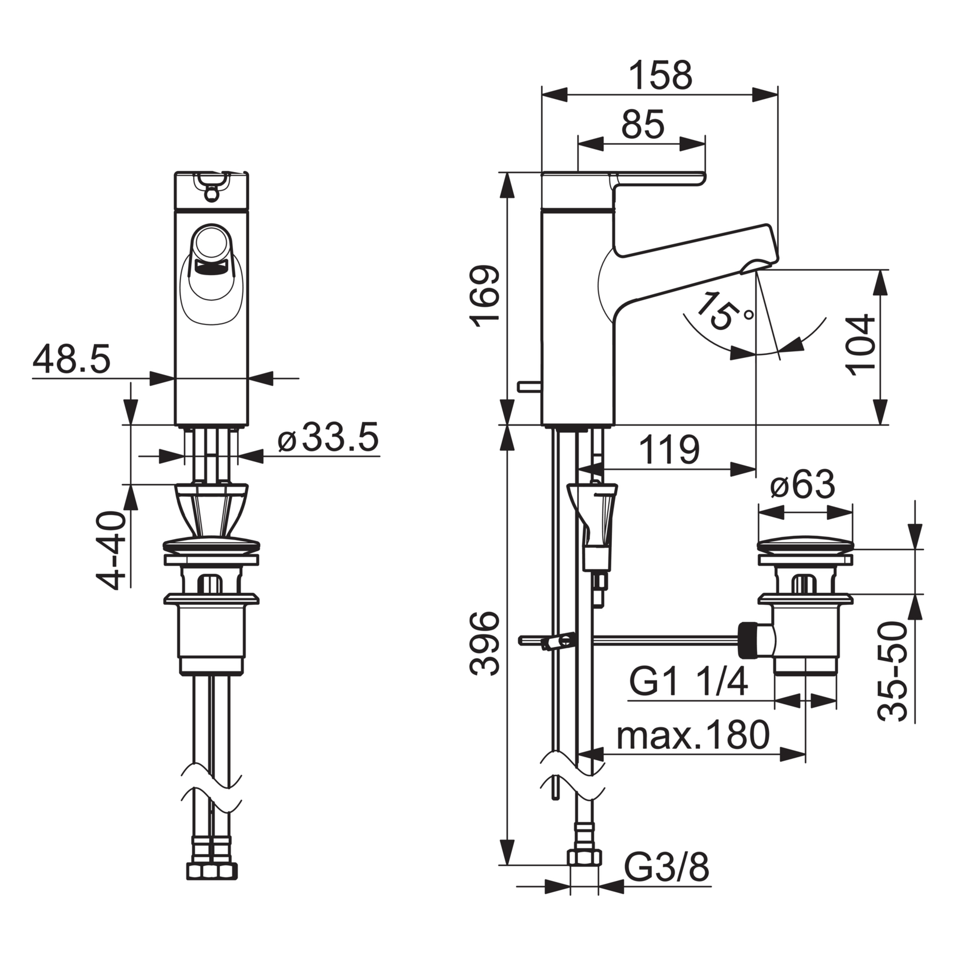 HA Einhebelmischer Waschtischbatterie HANSADESIGNO Style 5171 Zugstangenablaufgarnitur Ausladung 119 mm DN15 Chrom