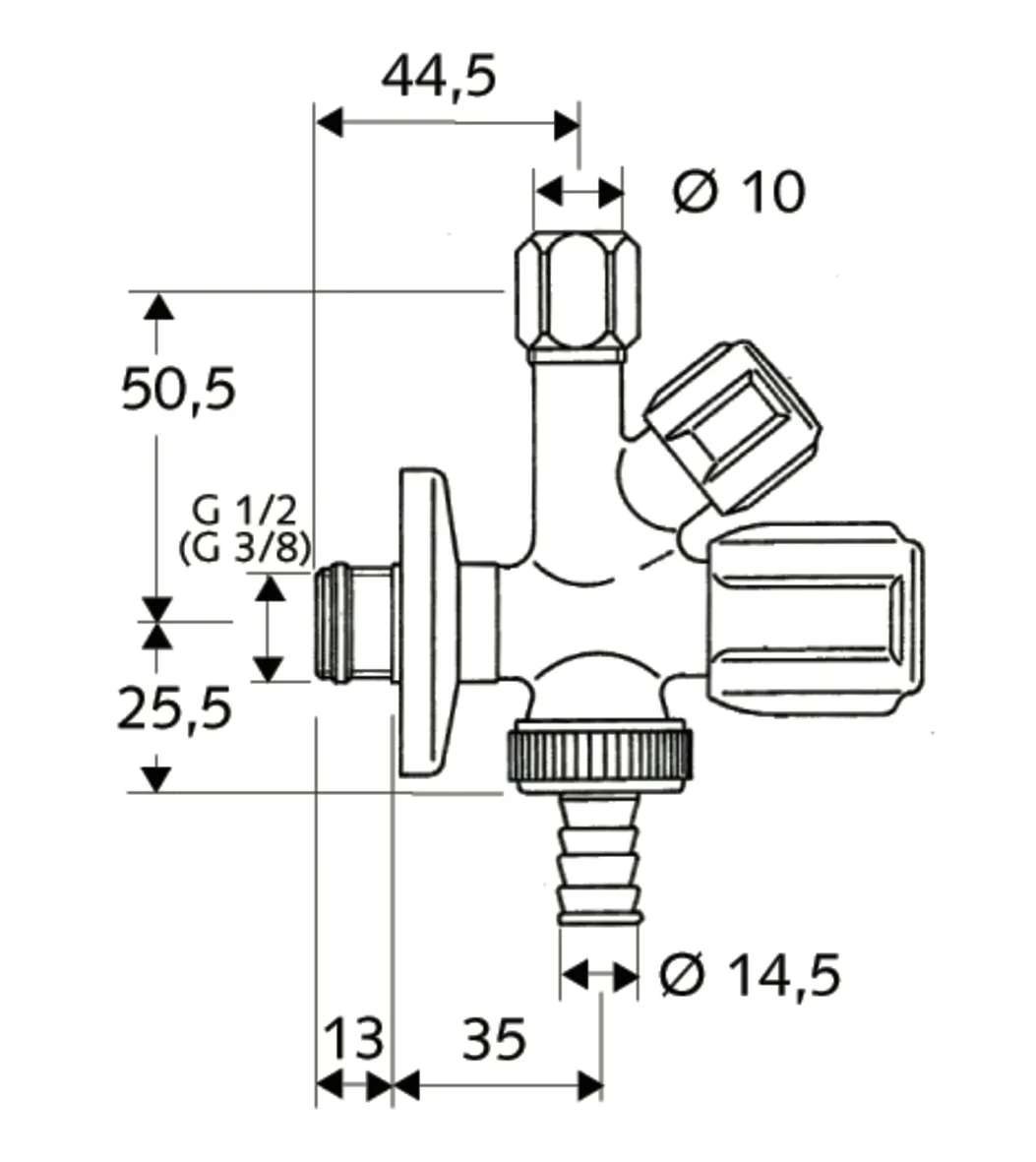 Kombi-Eckventil COMFORT, RFV im Abgang Geräteanschluss, DN 15 G 1/2 AG, Schlauchverschraubung Ø 14,5 mm (DN 20 G 3/4 AG), Ø 10 mm (DN 10 G 3/8 AG), chrom