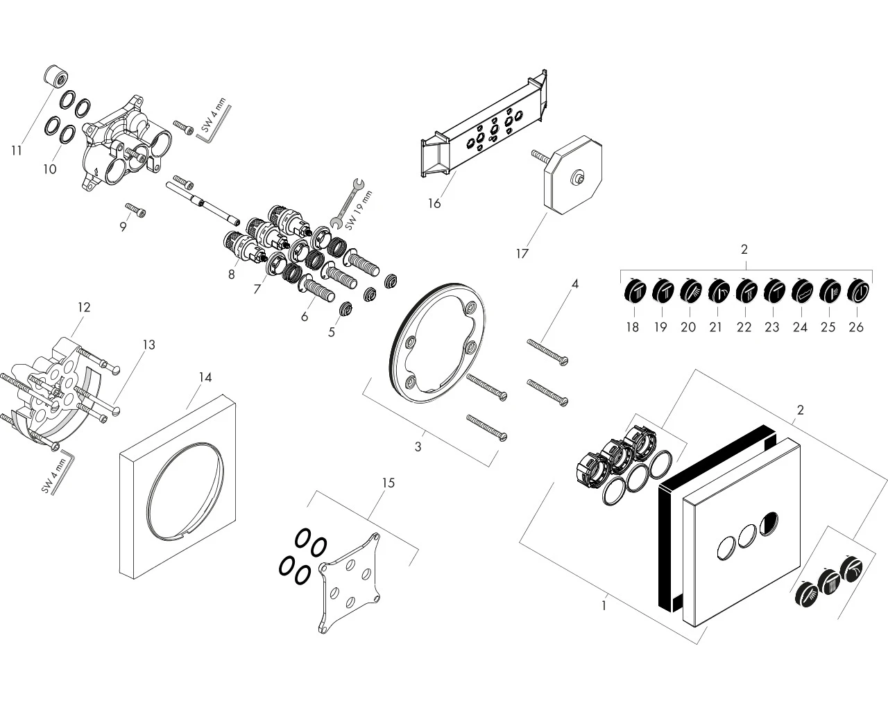 Absperrventil UP Axor ShowerSelect Fertigset 3 Verbraucher quadratisch chr.