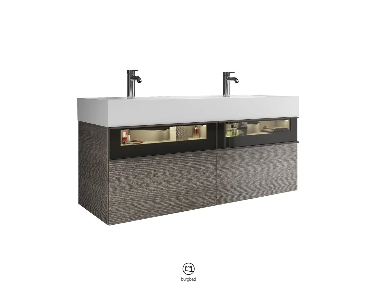 Mi-Waschtisch inkl. WTU Yumo von burgbad – 470x1315x610 mm, Mineralguss, Rauchglasfront, LED-Beleuchtung