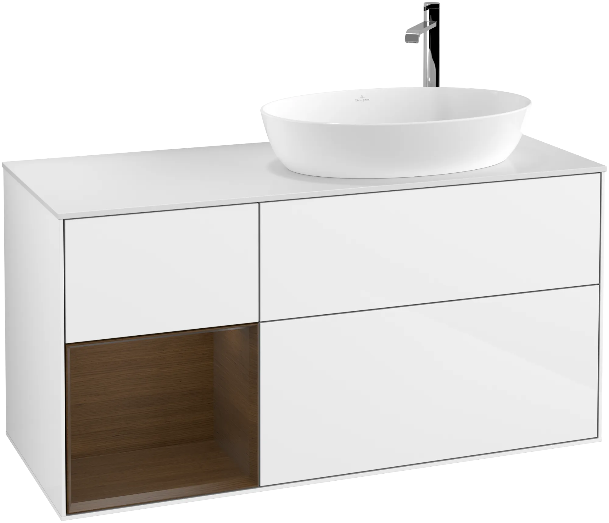 Villeroy & Boch Finion Waschbeckenunterschrank F92, 1200x603x501mm, Glossy White Lacquer / Walnut Veneer / Glass White Matt