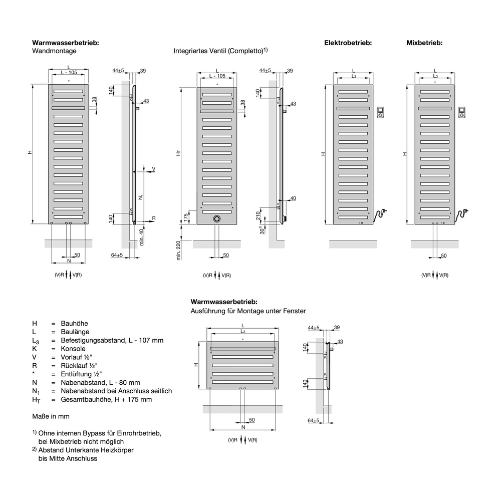 Zehnder Design-Handtuchwärmer „Metropolitan Bar“ 50 × 122,5 cm in Cement Grey (RAL 7033)