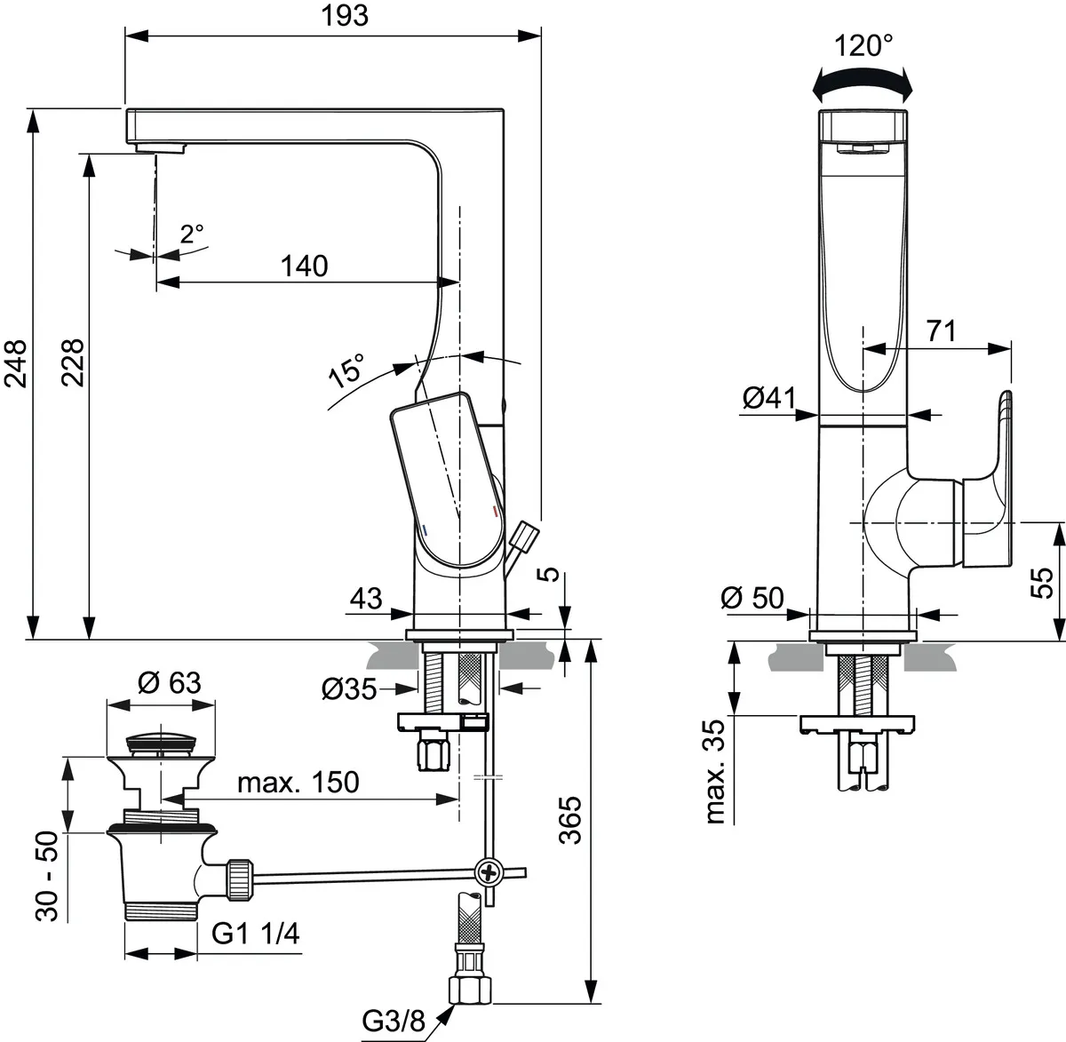 Waschtischarmatur Edge, 5 l/min, mit Ablaufgarnitur, mit hohem schwenkbarem Auslauf, Ausladung 140mm, Chrom