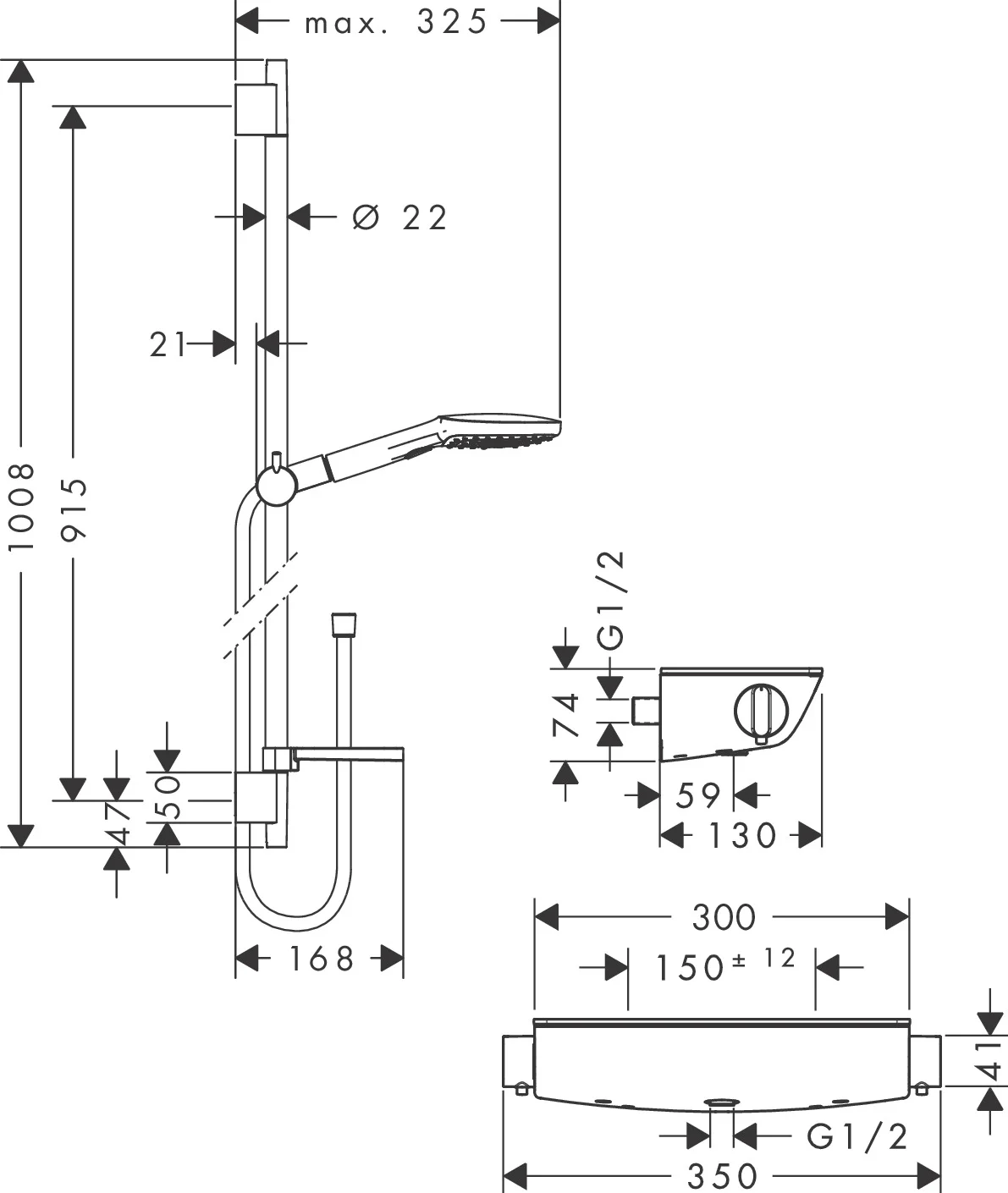 Hansgrohe Raindance Select E Brausesystem Aufputz 120 mm, Chrom, 3 Strahlarten, Ecostat Thermostat, 90 cm Brausestange Hansgrohe Raindance Select E Brausesystem Aufputz 120 mm, Chrom, 3 Strahlarten, Ecostat Thermostat, 90 cm Brausestange