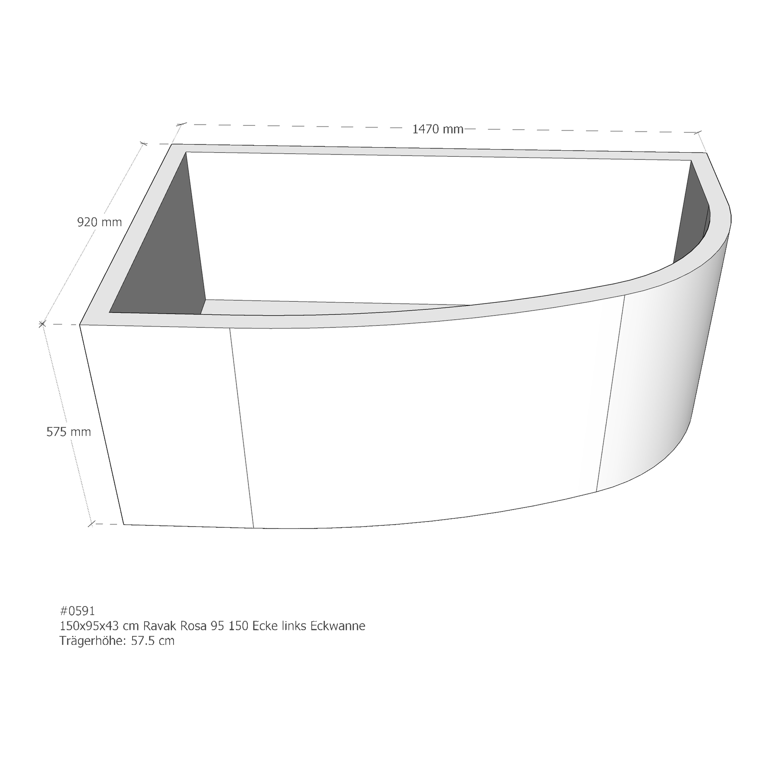 Badewannenträger für Ravak Rosa 95 150 links 150 × 95 × 43 cm