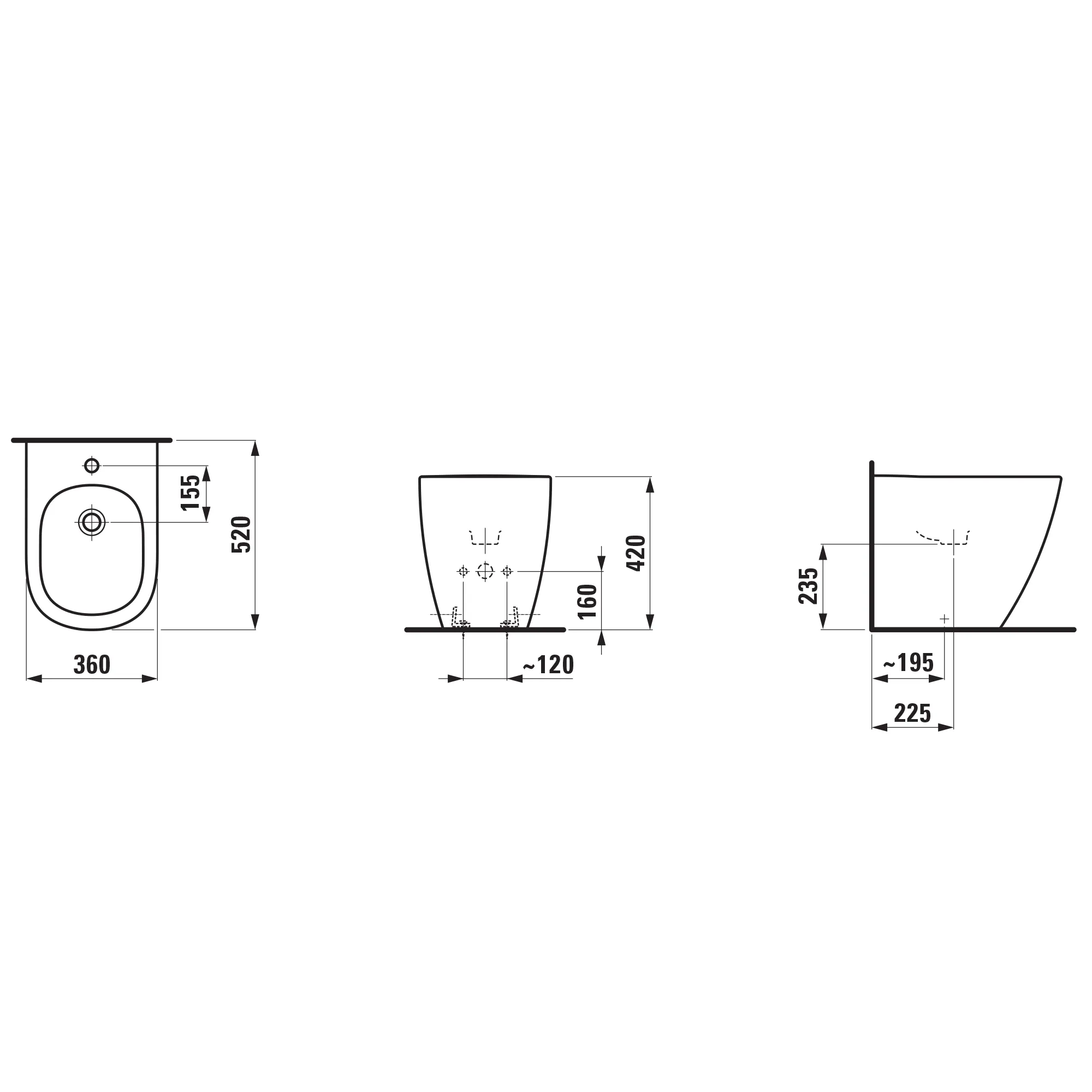 Standbidet LUA 520x360x420 1 Hahnloch ohne seitliches Loch für Wasseranschluss weiß