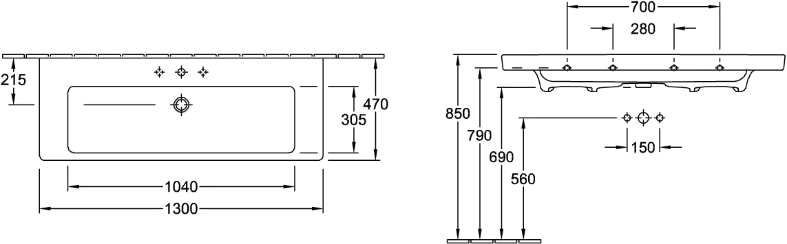 Wandwaschtisch „Subway 2.0“ 130 × 47 × 16 cm, mittig, mit Hahnlochbank, mit Hahnlochbohrung, Hahnlochposition mittig