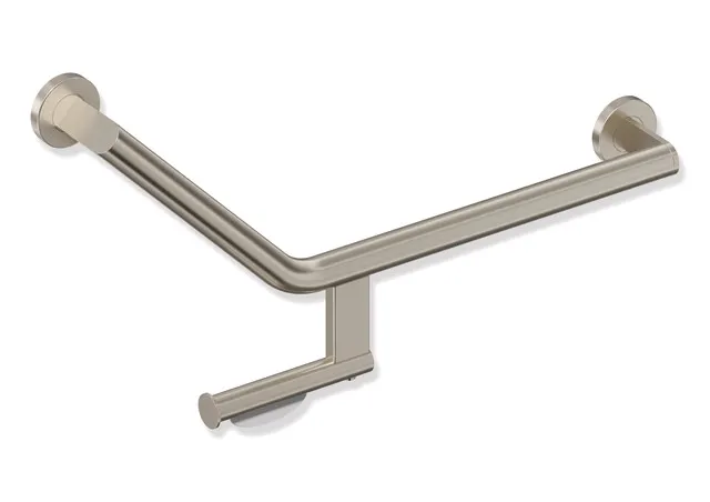 Winkelgriff mit Papierrollenhalter des Systems 900, Edelstahl, PVD, Achsmaße 620 mm und 283 mm, Winkel 135°, D: 32 mm, Ausführung rechts, in Farbe CK (messing glänzend) Winkelgriff mit Papierrollenhalter des Systems 900, Edelstahl, PVD, Achsmaße 620 mm und 283 mm, Winkel 135°, D: 32 mm, Ausführung rechts, in Farbe CK (messing glänzend)