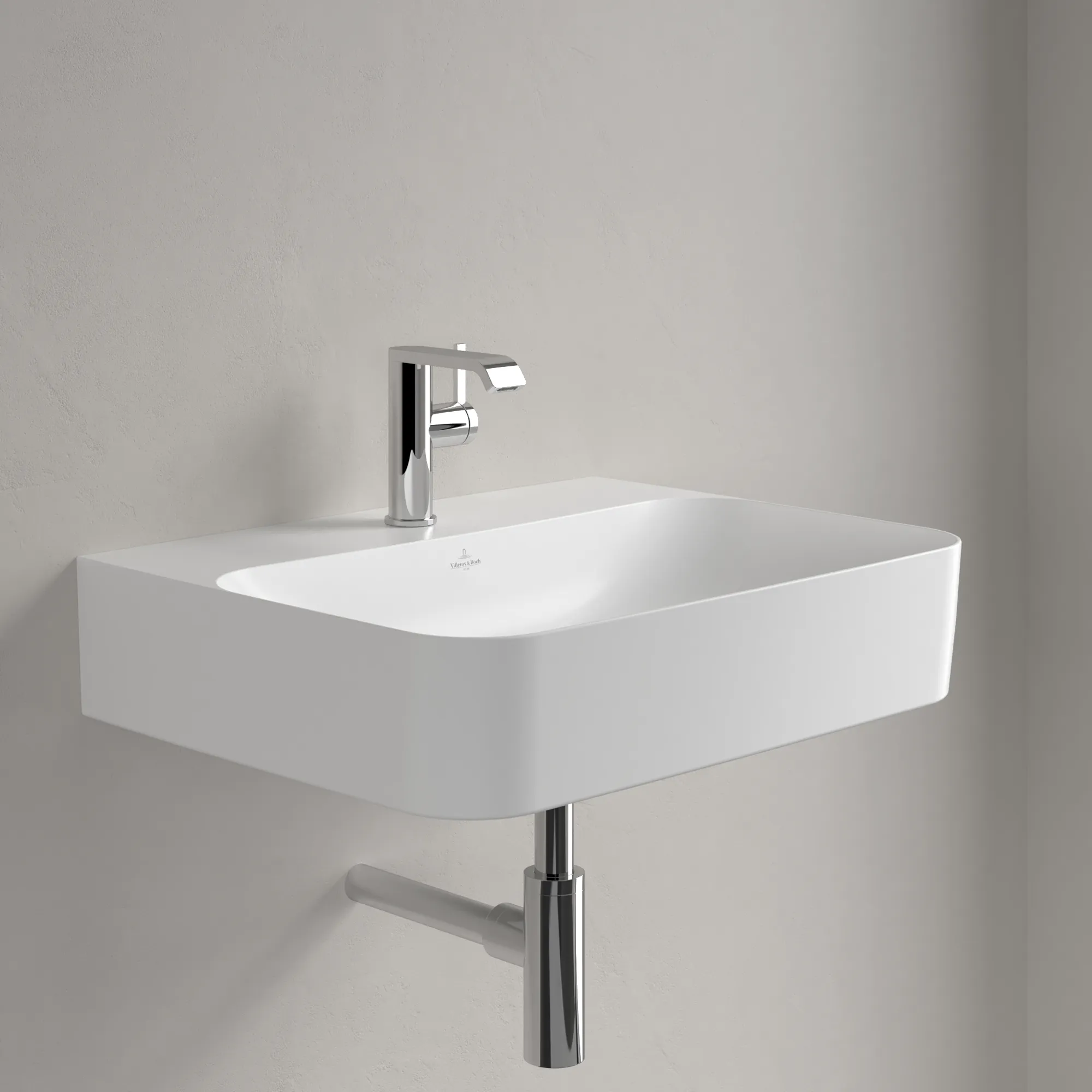 Villeroy & Boch Wandwaschtisch aus TitanCeram „Finion“ 600 × 470 × 164 mm, mit Hahnlochbohrung, Hahnlochposition mittig in Stone White, mit CeramicPlus