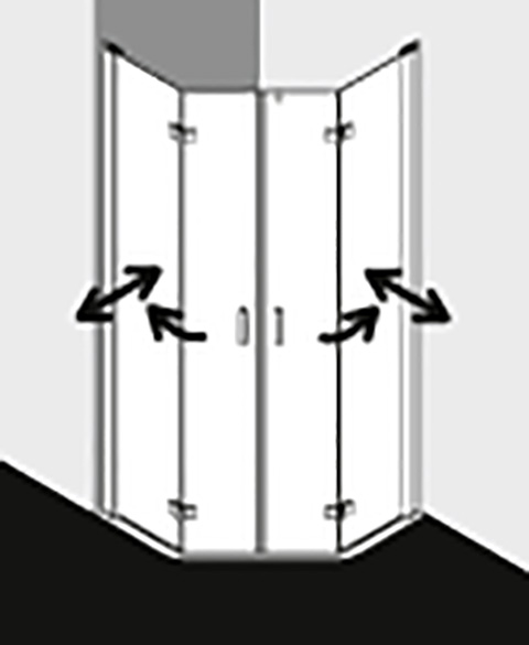 Kermi Duschabtrennung für Fünfeck-Duschwannen mit Pendel-Falttür „Diga“ Glas Klar, Drehtür zweiteilig BV: 880 - 900 mm WE: 890 - 910 mm H: 1850 mm