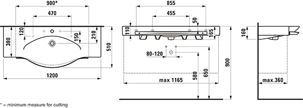 Waschtisch mit Handtuchhalter PALACE 510x1200x165 1 Hahnloch mit Überlauf Ablage links und rechts weiß