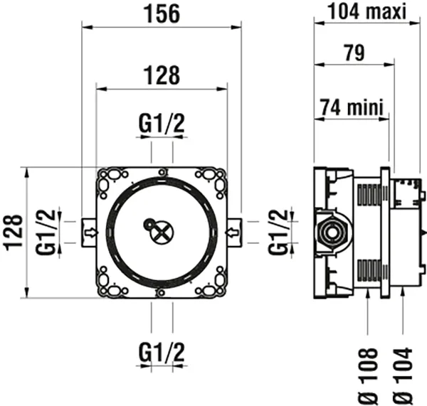 Unterputz-Einbaukörper SIMIBOX Light reduzierte Einbautiefe von min. 74 mm Anschluss 1/2″ GN 1 oder 2 Mischwasserabgänge ohne Vorabsperrung Kunststoffbox mit Dichtmanschette und Bauschutzkappe Spül- und Abpressvorrichtung vormontiert