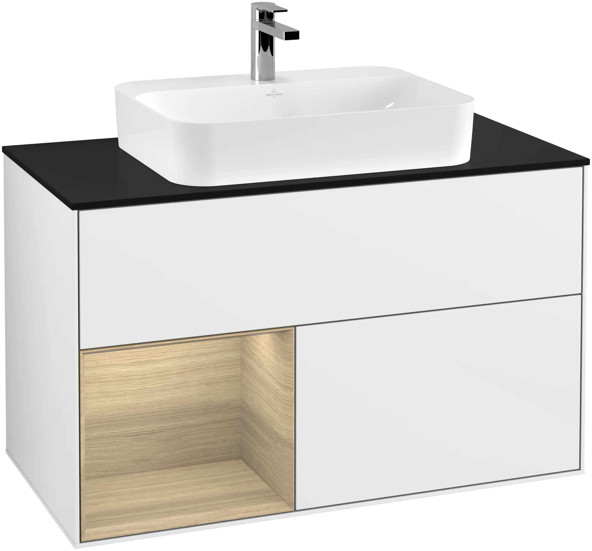 Villeroy & Boch Finion Waschbeckenunterschrank G36 1000x603x501mm Glossy White Lacquer / Oak Veneer / Glass Black Matt