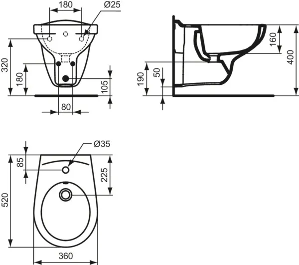 Ideal Standard Bidet „Eurovit“, Befestigung sichtbar 36 × 52 × 35 cm