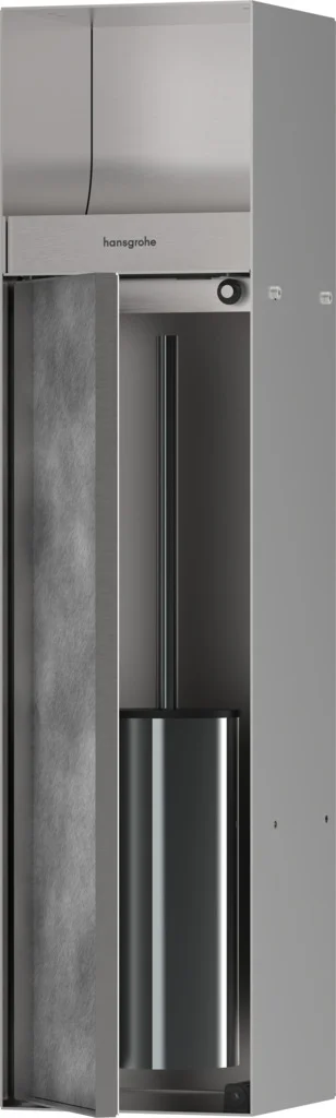 Hansgrohe XtraStoris Rock Einbau Toilettenbürstenhalter mit befliesbarer Tür, Edelstahl gebürstet, links anschlagend, 140 mm Einbautiefe