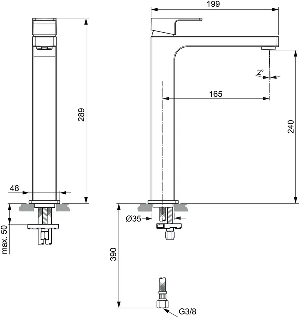 Waschtischarmatur Edge, mit verlängertem Sockel, 5 l/min., ohne Ablaufgarnitur, Ausladung 165mm, Chrom Waschtischarmatur Edge, mit verlängertem Sockel, 5 l/min., ohne Ablaufgarnitur, Ausladung 165mm, Chrom
