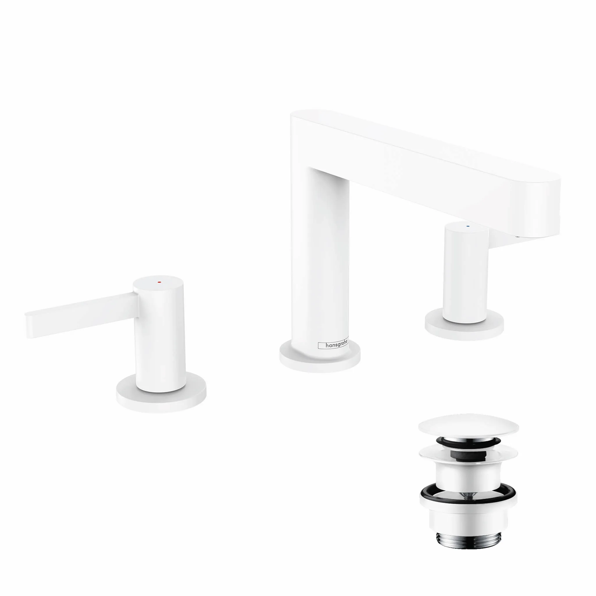 Hansgrohe Finoris 3-Loch Waschtischarmatur 110 mit Push-Open Ablaufgarnitur, Mattweiß Hansgrohe Finoris 3-Loch Waschtischarmatur 110 mit Push-Open Ablaufgarnitur, Mattweiß