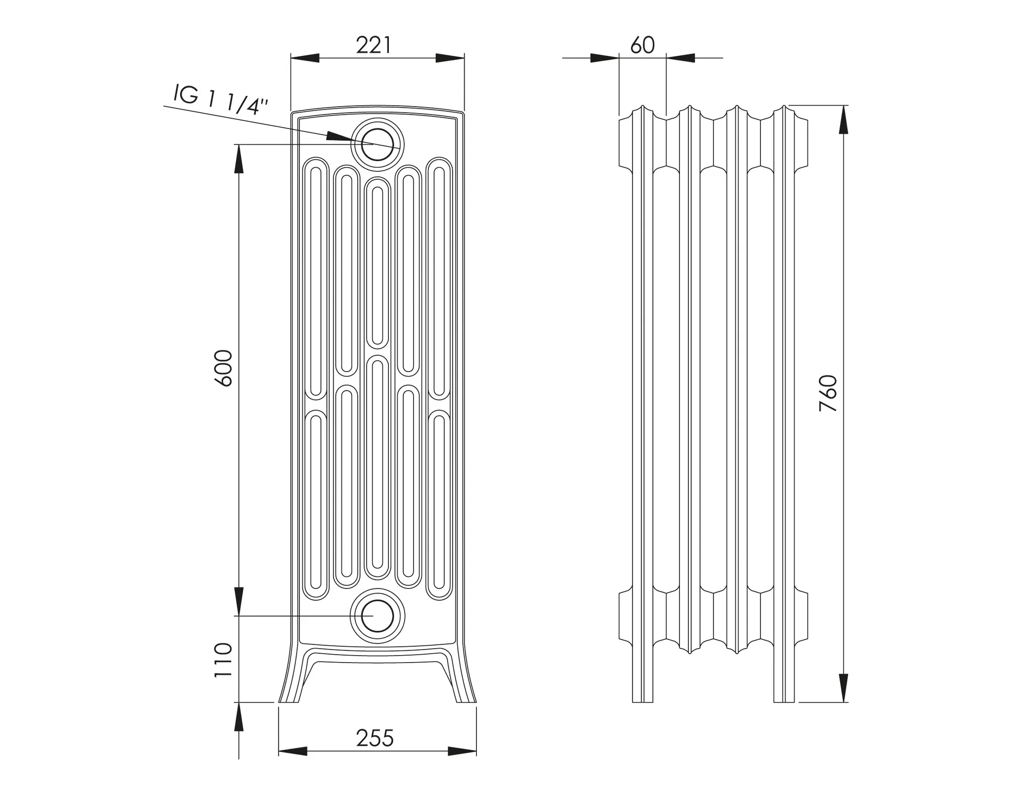 ASW Gussradiator 1 Glied Nabenabstand 600 mm „Stockholm“ 6 × 76 × 22,1 cm
