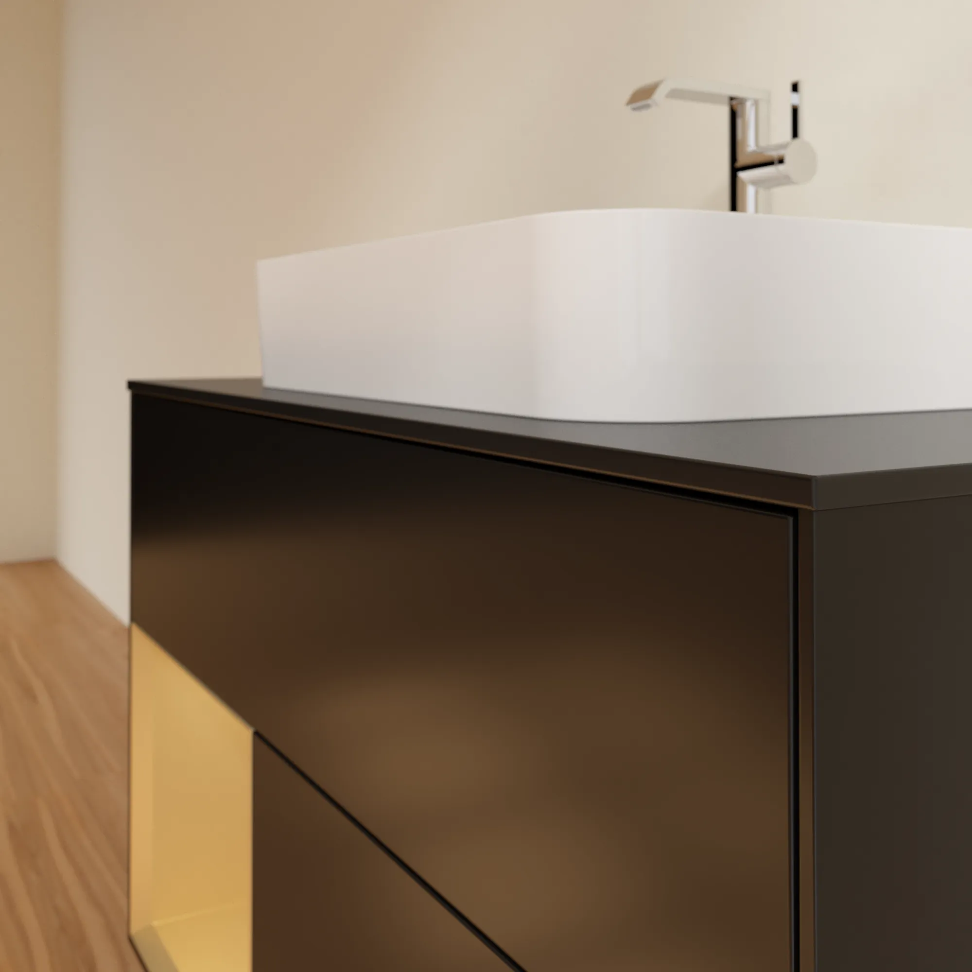 Villeroy & Boch Waschbeckenunterschrank Finion F36, 1000x603x501 mm, Black Matt Lacquer mit Gold Akzenten, mit Beleuchtung und SoftClosing Villeroy & Boch Waschbeckenunterschrank Finion F36, 1000x603x501 mm, Black Matt Lacquer mit Gold Akzenten, mit Beleuchtung und SoftClosing