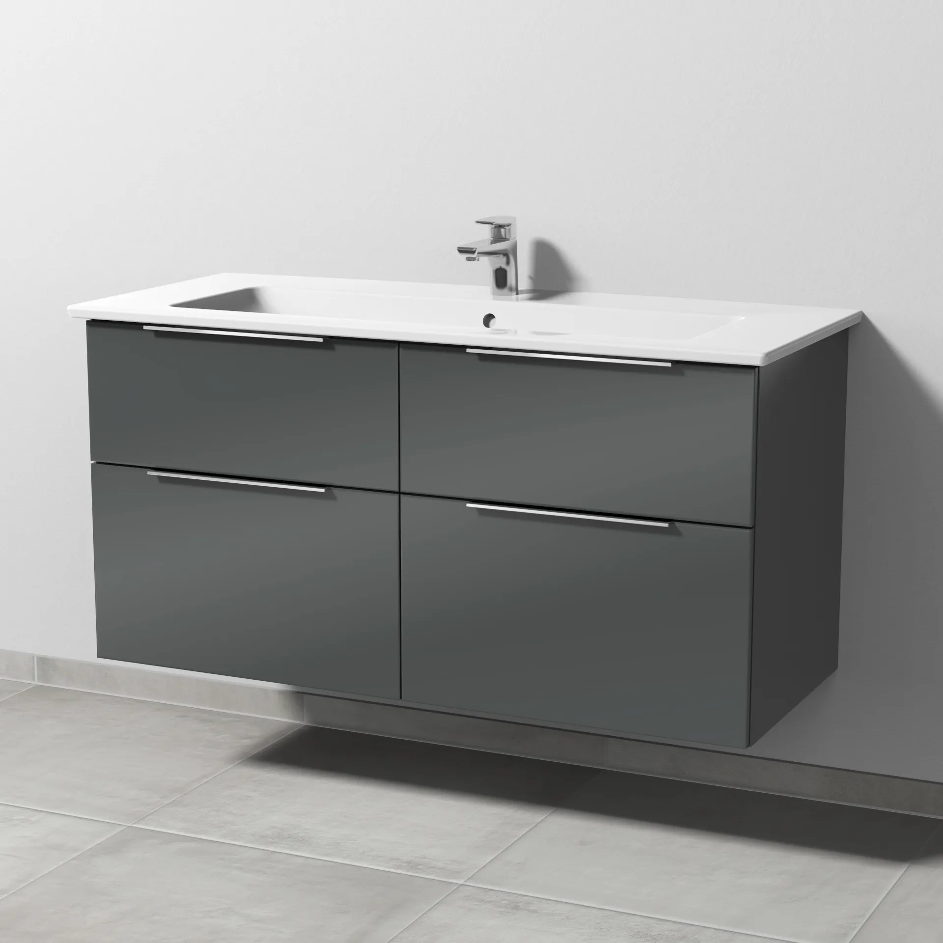 Keramik-Waschtisch-Set mit Waschtischunterschrank „3way“ 115,5 × 47,7 × 59,1 cm in Anthrazit (glanz), mit Hahnlochbohrung, Becken mittig Keramik-Waschtisch-Set mit Waschtischunterschrank „3way“ 115,5 × 47,7 × 59,1 cm in Anthrazit (glanz), mit Hahnlochbohrung, Becken mittig