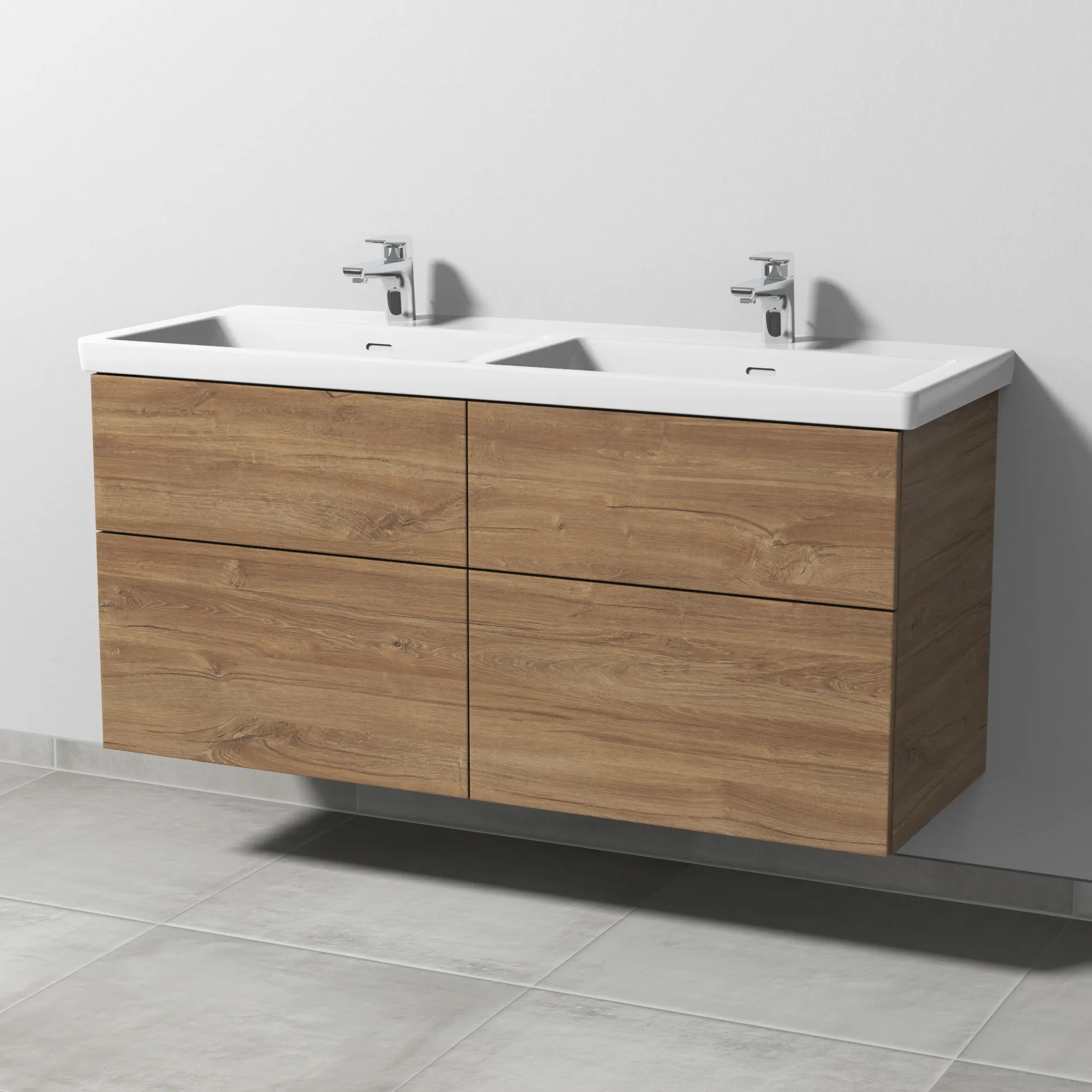 Sanipa Waschtischunterschrank „3way“ 1255 × 588 × 462 mm in Eiche Kansas, mit Hahnlochbohrung, Becken links und rechts