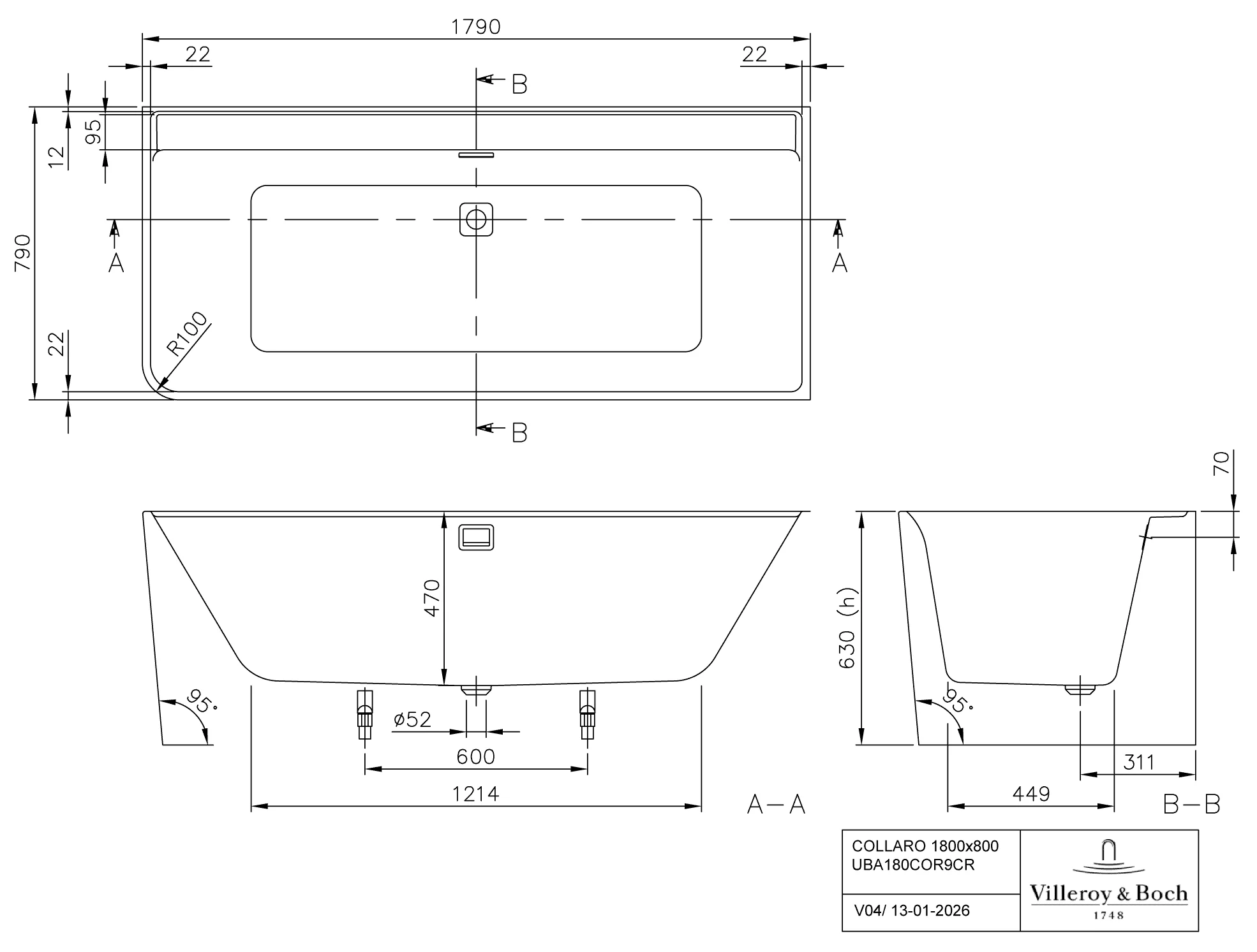 Villeroy & Boch Collaro Badewanne Offset/Raumsparend, weiß
