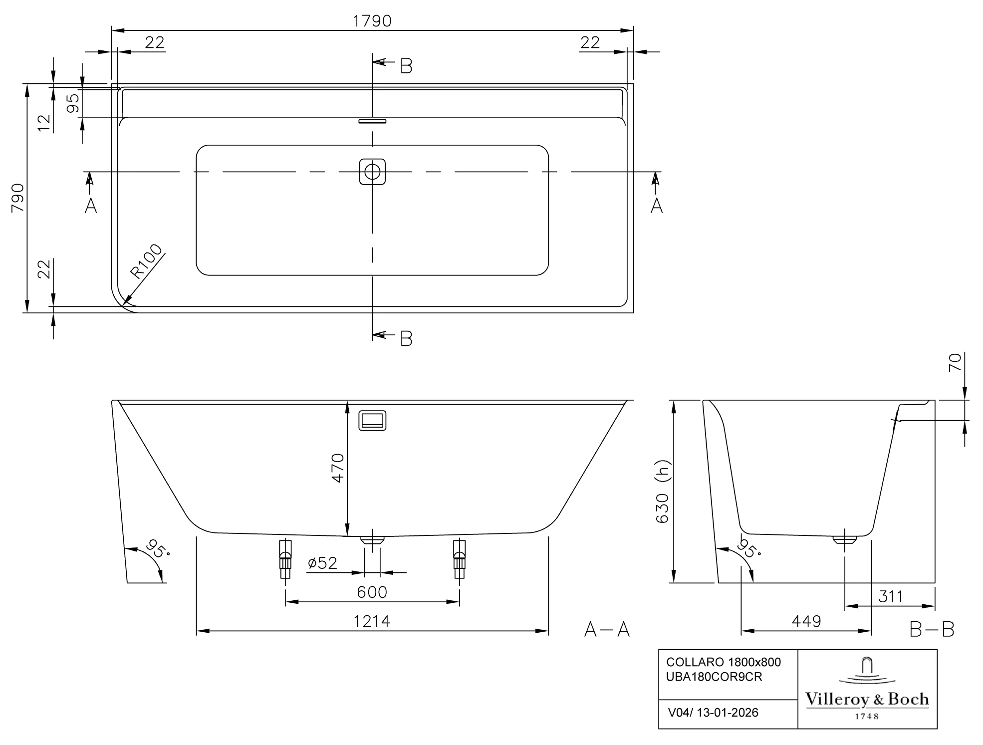 Villeroy & Boch Collaro Vorwand-Badewanne für Eckeinbau rechts UAE180CORRB2V, Airpool Entry AE, Weiß Alpin