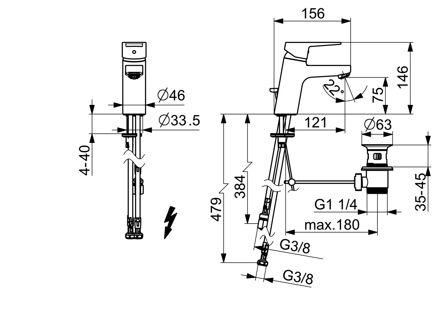 HansaTWIST Waschtischarmatur Einhebelmischer HansaTWIST 0913 Kupferrohr Zugstangenablaufgarnitur Ausladung 121 mm DN15 Chrom