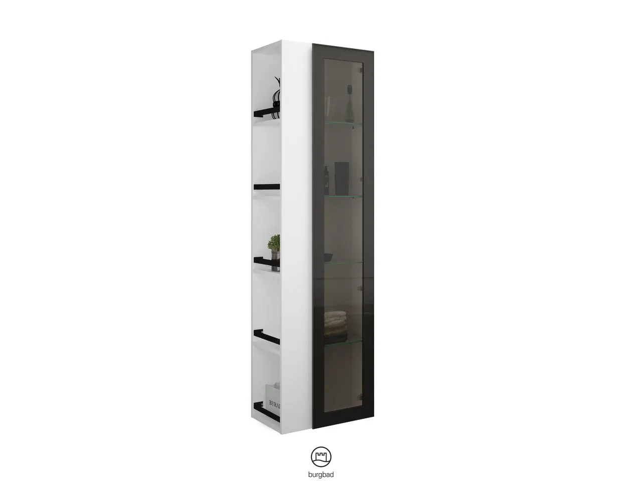 Hochschrank, 1 Alurahmentür mit Rauchglaseinsatz in Bronze;4 Glaseinlegeböden;offenes Regal mit 4 Einlegeböden, Tiefe: 320 mm, Breite: 500 mm, Höhe: 1760 mm