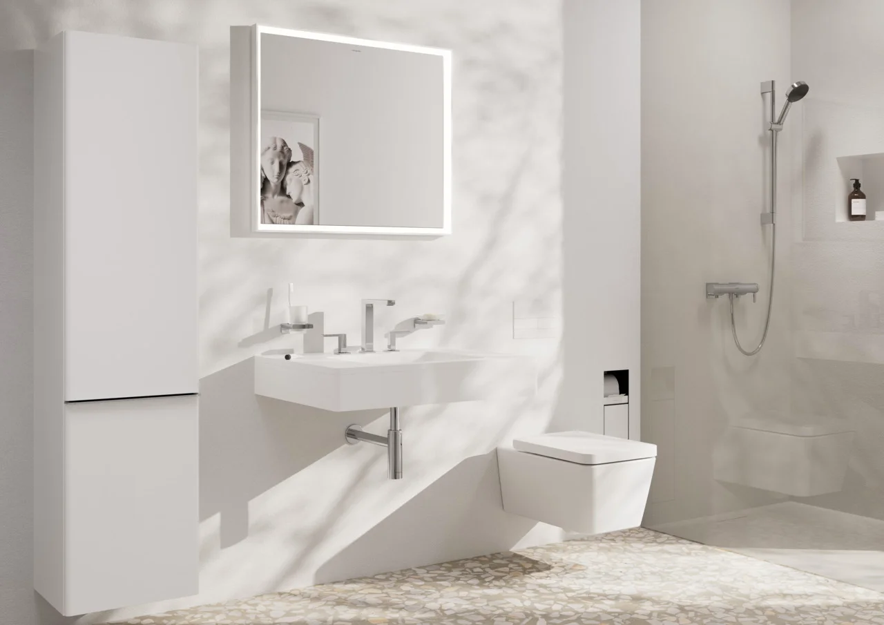 Hansgrohe Tecturis E 3-Loch Waschtischarmatur 150 EcoSmart+ mit Push-Open Ablaufgarnitur, Chrom