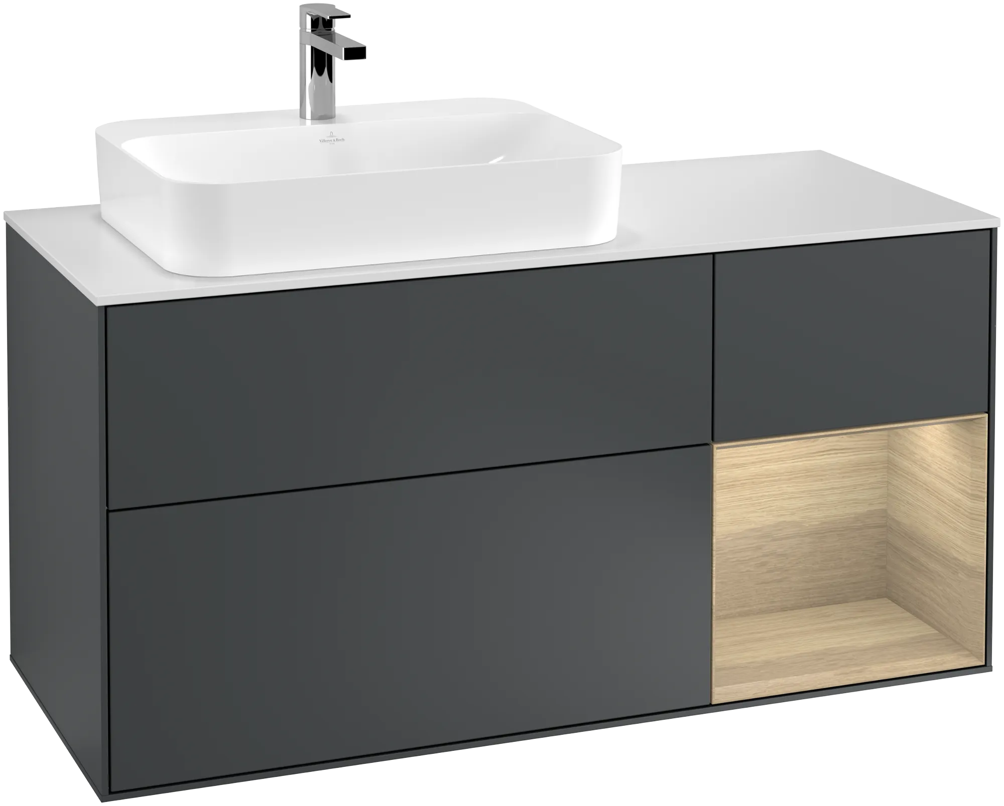 Villeroy & Boch Finion Waschbeckenunterschrank G40, 1200x603x501mm, Midnight Blue Matt Lacquer / Oak Veneer / Glass White Matt
