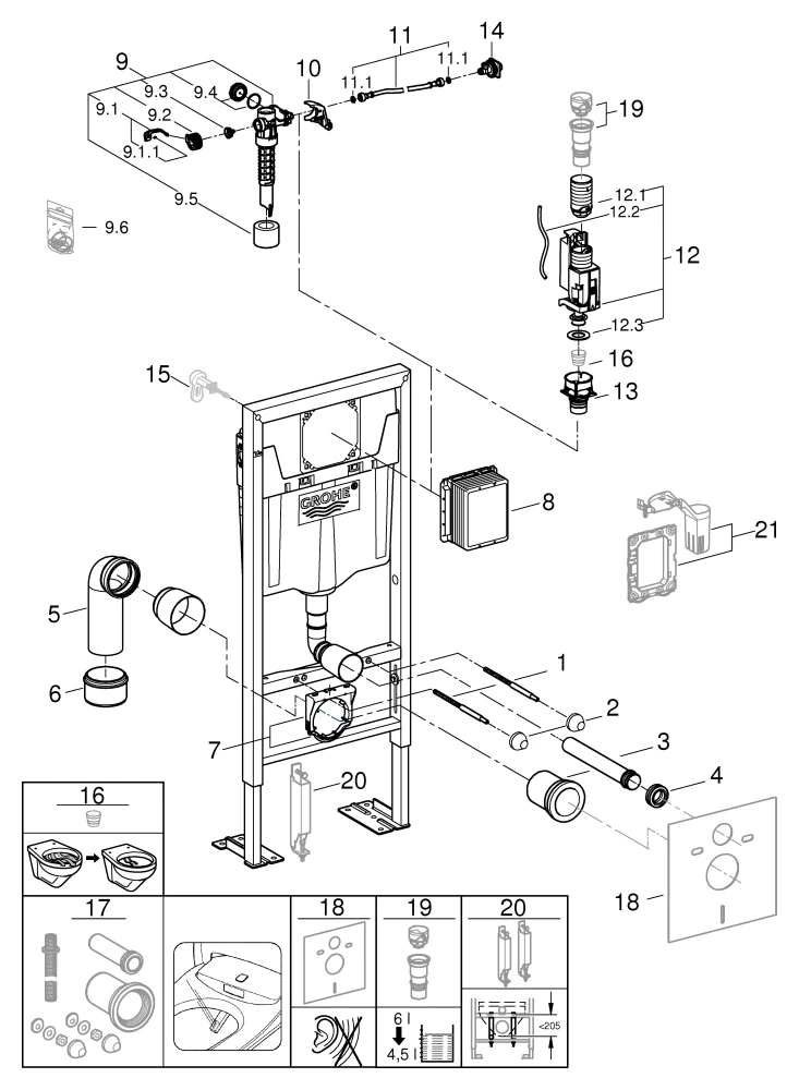 Wand-WC-Element Rapid SL 38584_1, Spülkasten GD 2, 1,13 m Bauhöhe, für freistehende, Vorwand- oder Ständerwandmontage