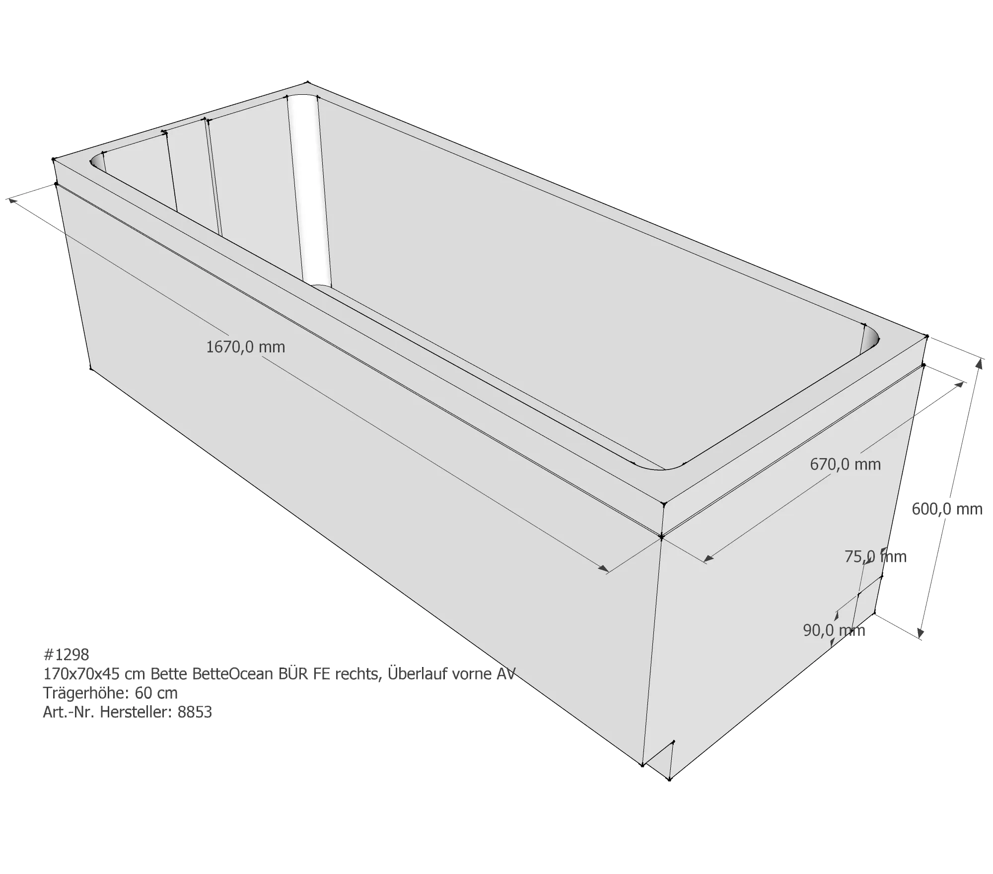 Badewannenträger für Bette Ocean 170 × 70 × 45 cm