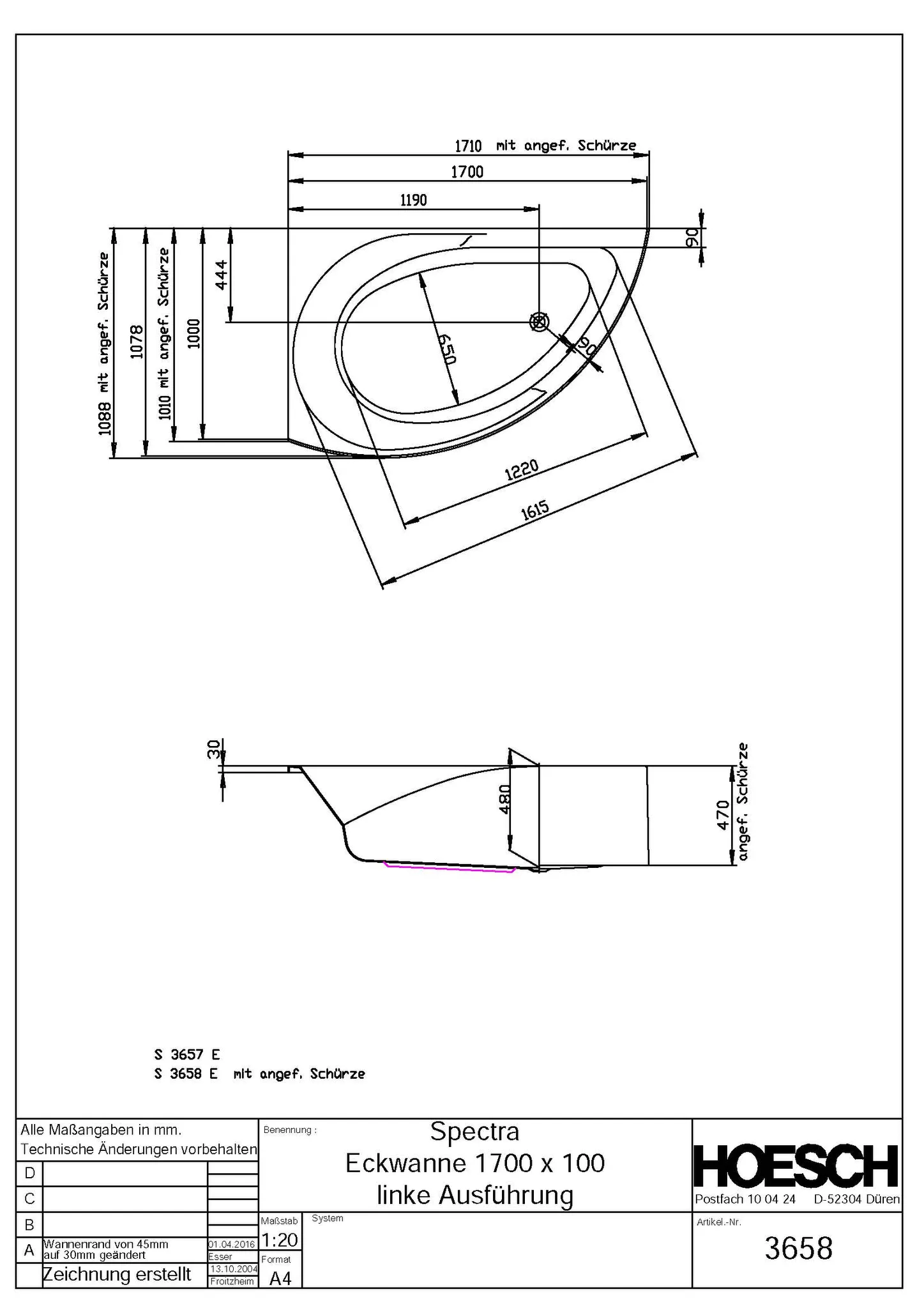 Hoesch Badewanne „Spectra“ eck, asymmetrisch 171 × 101 cm, links, mit Schürze in Weiß