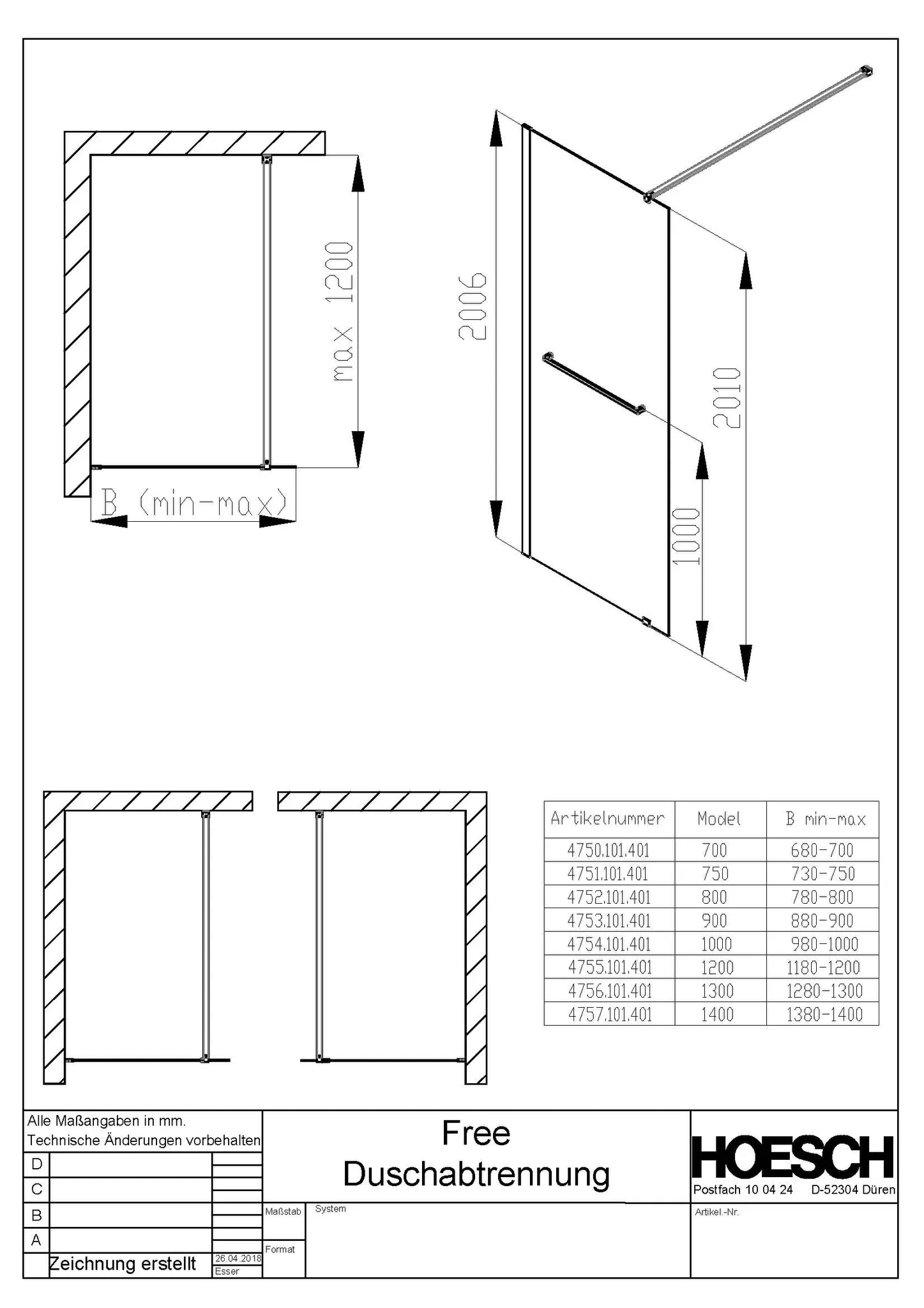 Hoesch Walk-In-Duschkabine für Ecke „Free“ Profile eloxal silber, H: 2000 mm