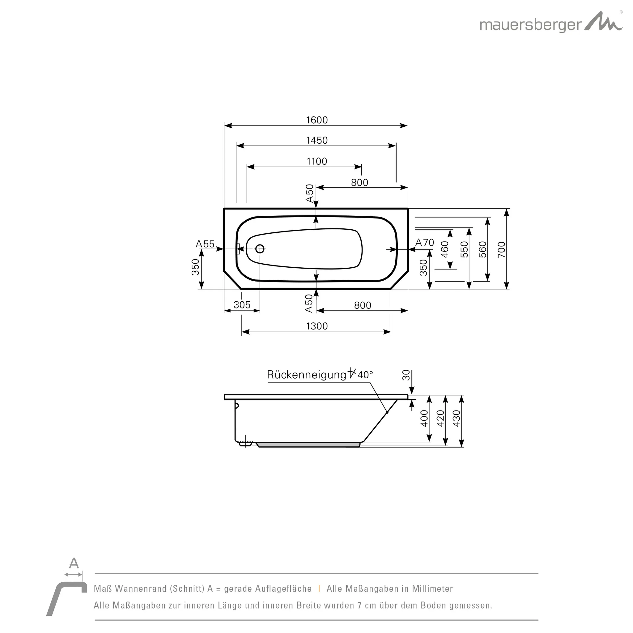 Mauersberger aurea Acryl-Badewanne 160/70 KFL, weiß
