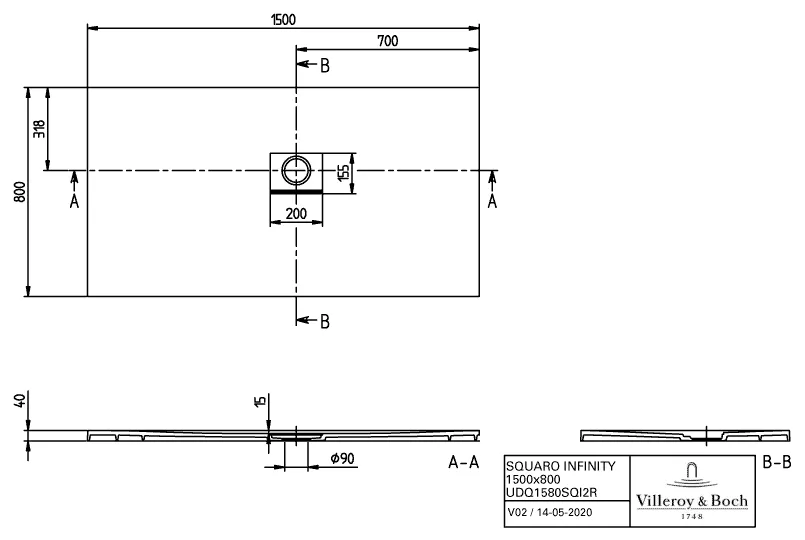 Villeroy & Boch rechteck Duschwanne „Squaro Infinity“ Eck-Einbau rechts gegen Wand 150 × 80 cm