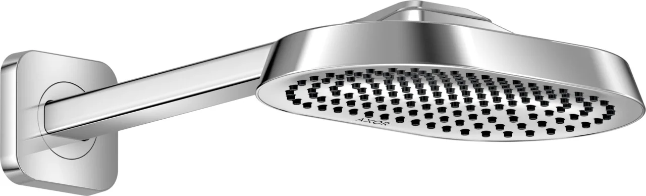 Hansgrohe AXOR ShowerSphere Kopfbrause 1jet mit Brausearm Chrom, 250 x 160 mm, Ausladung 363 mm, Rain Strahl, FlexPower, QuickClean+, Durchflussregler 12 l/min, Mindestfließdruck 1 bar, für Durchlauferhitzer geeignet