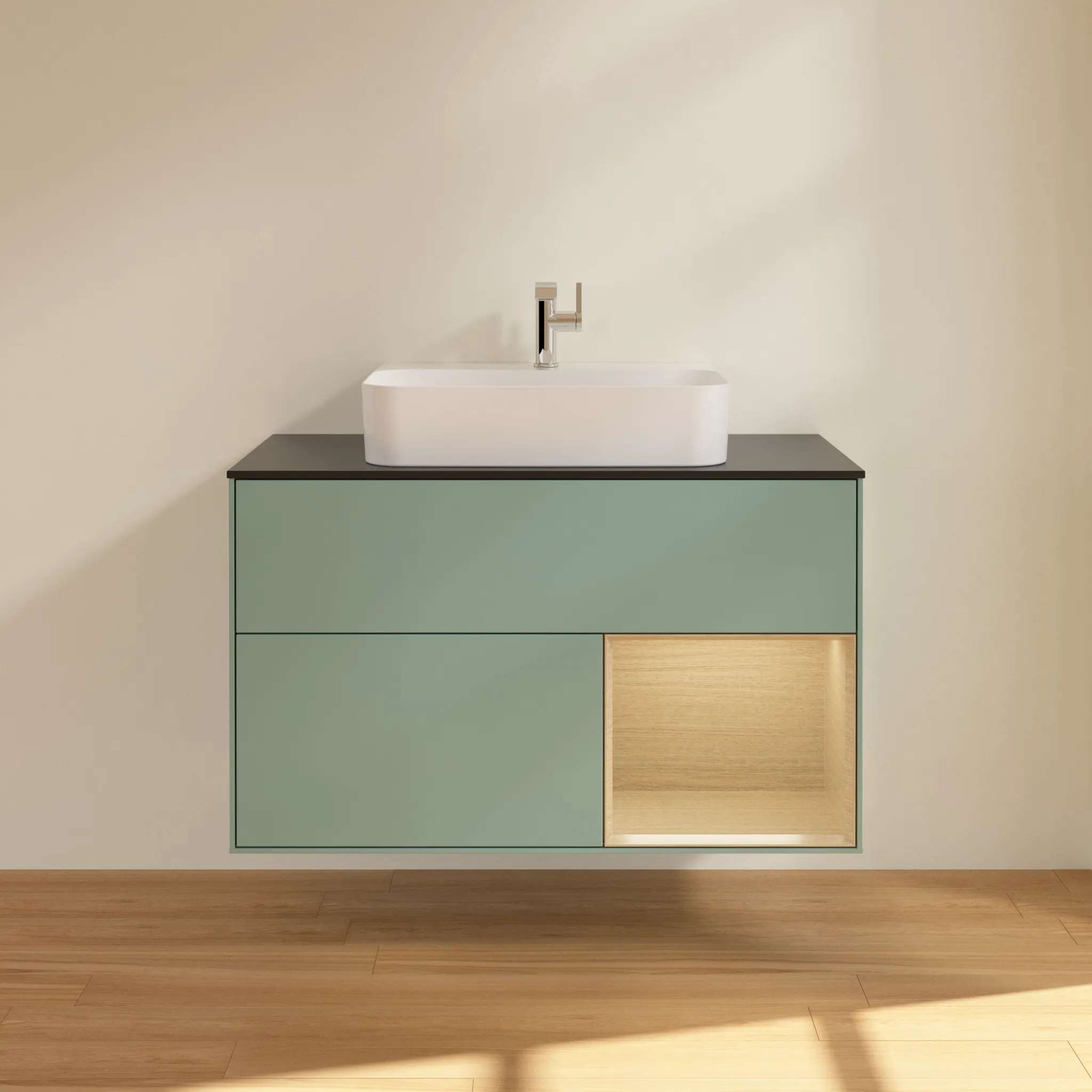 Villeroy & Boch Waschtischunterschrank „Finion“ für Schrankwaschtisch 1000 × 603 × 501 mm Olive Matt Lacquer, für Becken mittig Villeroy & Boch Waschtischunterschrank „Finion“ für Schrankwaschtisch 1000 × 603 × 501 mm Olive Matt Lacquer, für Becken mittig