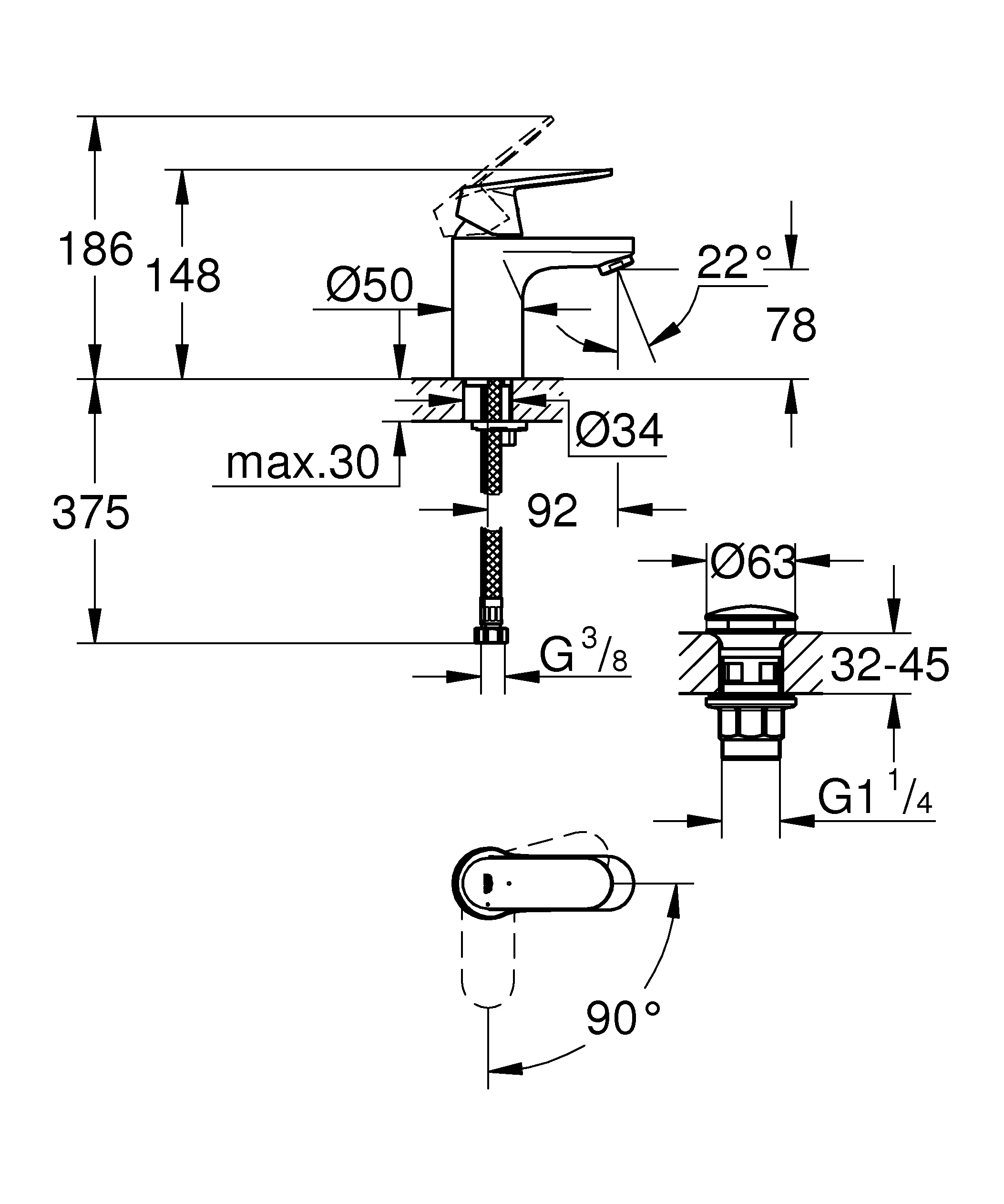 Einhand-Waschtischbatterie Eurosmart Cosmopolitan 23927, S-Size, Einlochmontage, Energie-Spar-Funktion Mittelstellung kalt, glatter Körper, Push-open Ablaufgarnitur 1 1/4'', chrom