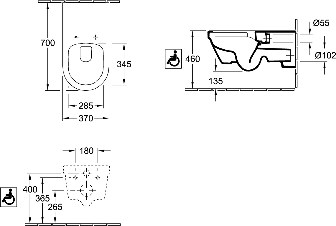 Villeroy & Boch ViCare Tiefspül-WC wandhängend 370x700mm Oval Weiß Alpin AntiBac CeramicPlus