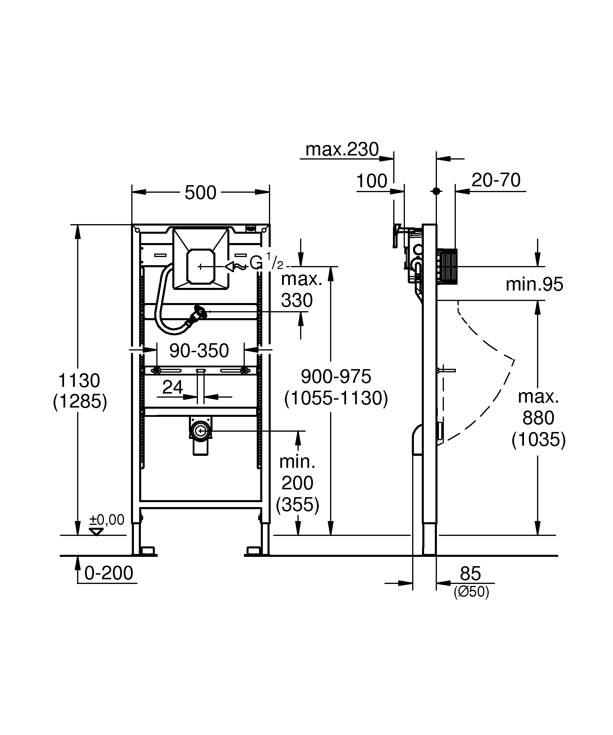 Urinal-Element Rapid SL 38803_1, mit IR-Elektronik, mit Rapido U, 1,13 m und 1,30 m Bauhöhe, für manuelle Betätigung oder Tectron IR-Elektronik, 6 V oder 230 V, mit Wandwinkeln